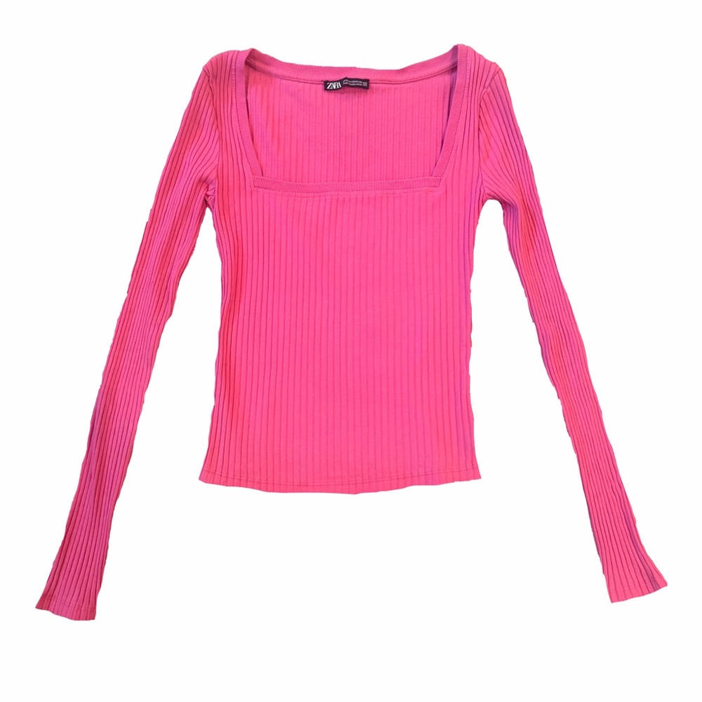 Zara Hot Pink Ribbed Long-Sleeve Square Neck Top